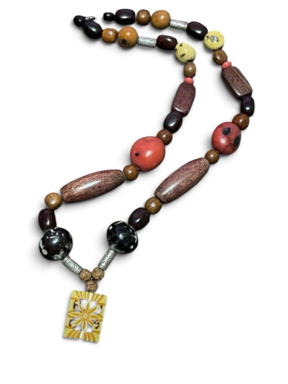 Handcrafted Kukui Nut Boho Wood Beaded Carved Faux Ivory Pendant Necklace
